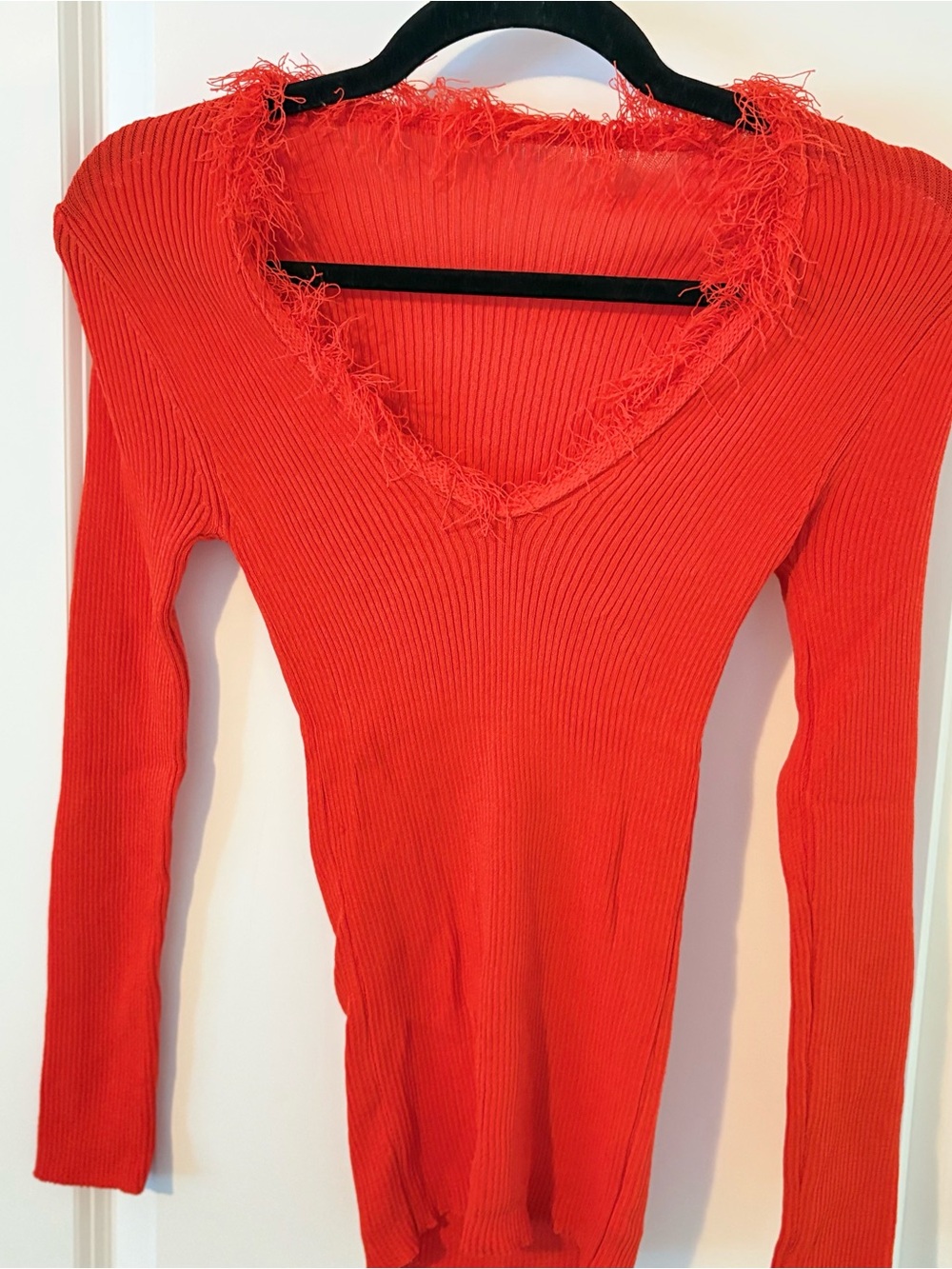 Red Ribbed V-Neck Fringe Sweater